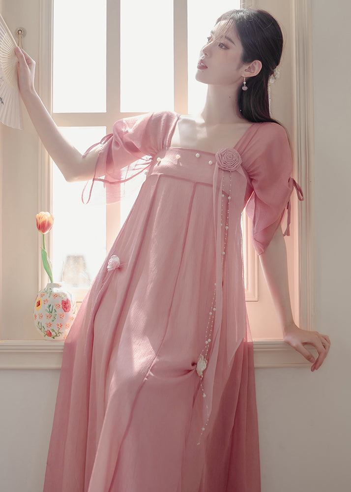 Classy Pink Drawstring Patchwork Chiffon Dress Summer