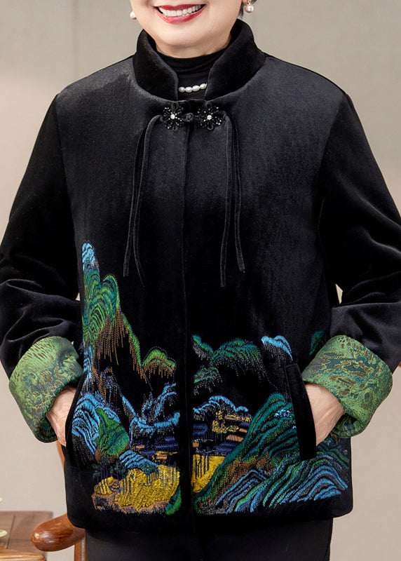 Coffee Print Pockets Silk Velvet Warm Coats Spring