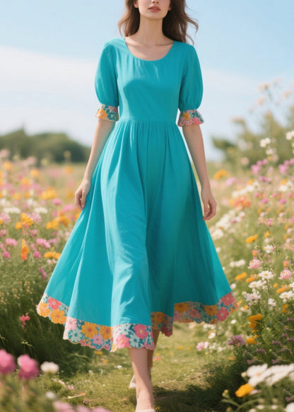 Blue O-neck Patchwork Print Cotton Holiday Dress Summer