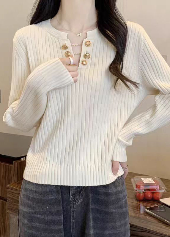 Boutique White V Neck Cotton Knit Sweater Spring