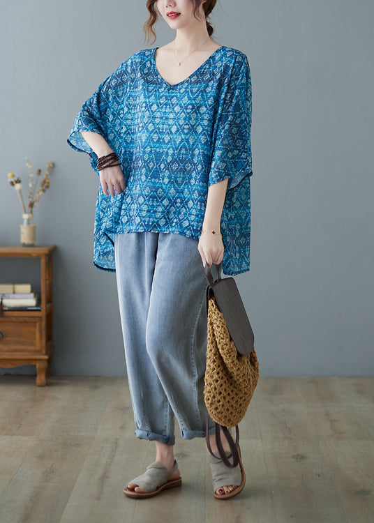 Loose Blue V Neck Low High Design Print Blouse Tops Half Sleeve