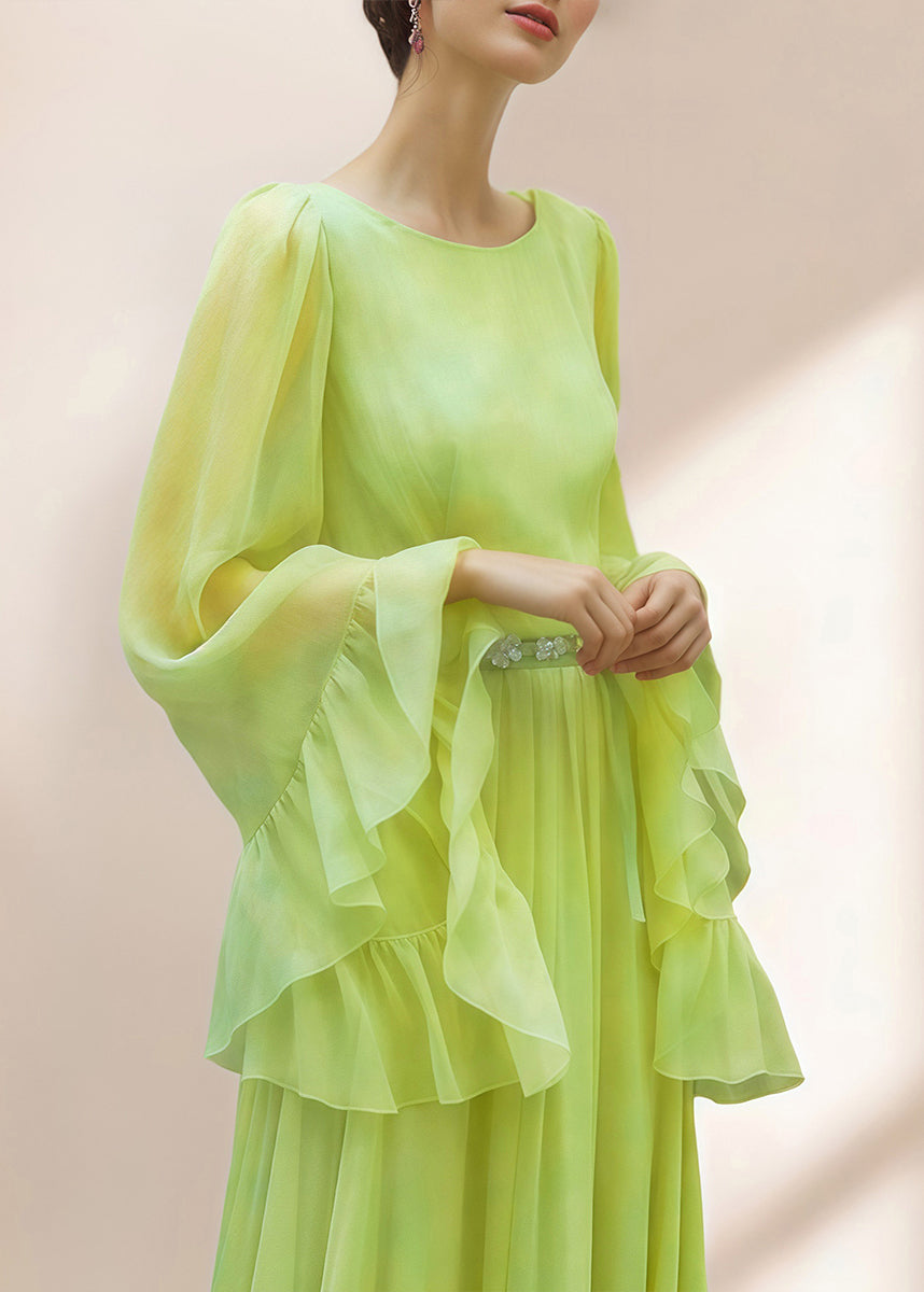 Green Ruffled Patchwork Silk Dresses Spring