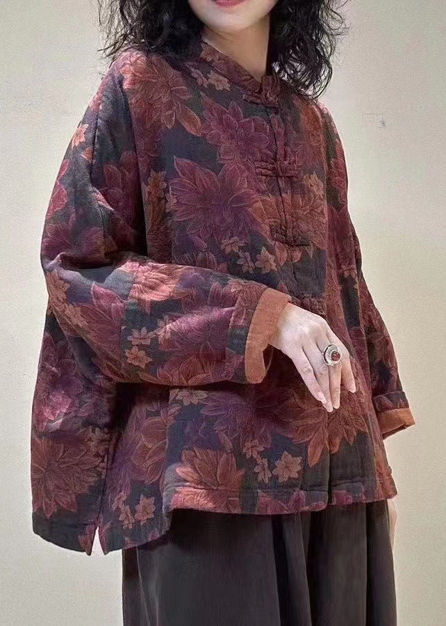 Mulberry Stand Collar Print Chinese Button Linen Blouses Spring