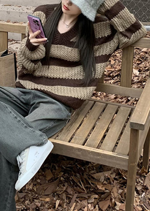 Striped V Neck Hollow Out Knit Sweaters Long Sleeve