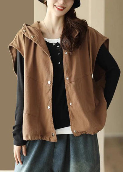Loose Coffee Button Drawstring Cotton Waistcoat Sleeveless