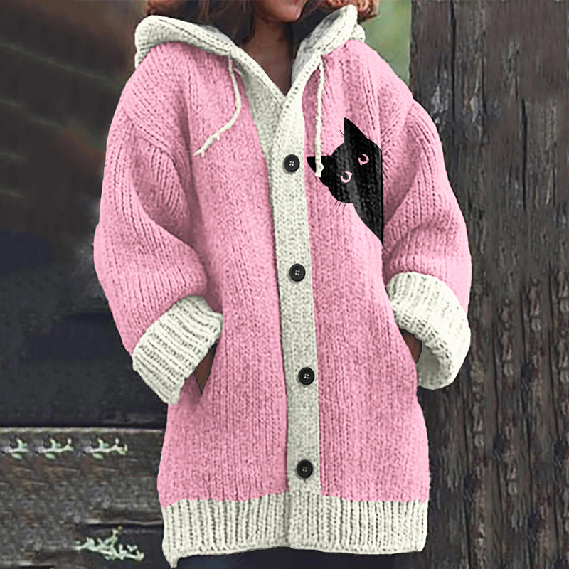 Comstylish Vintage Peek-A-Boo Hiding Black Cat Pattern Women's Hooded Sweater Cardigan