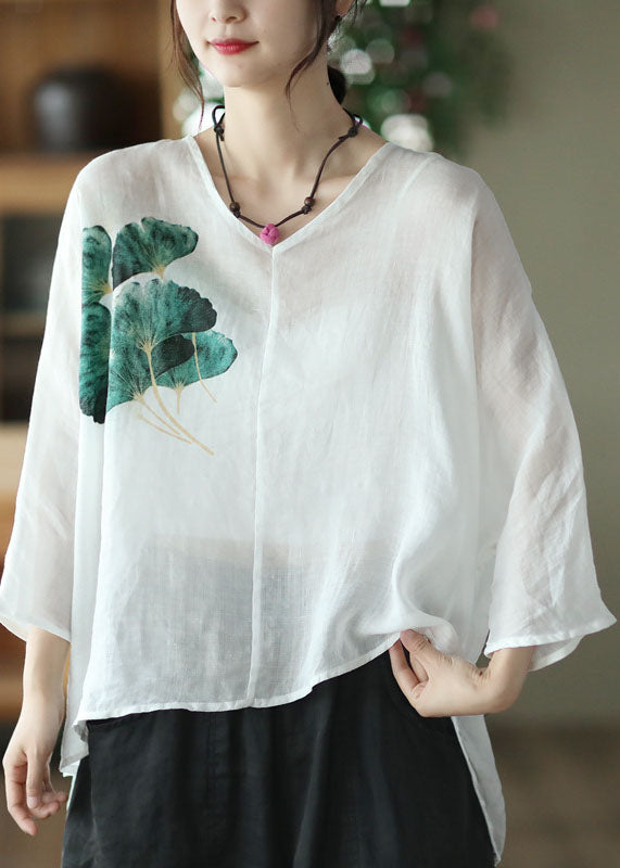 White V Neck Print Linen Shirt Top Batwing Sleeve