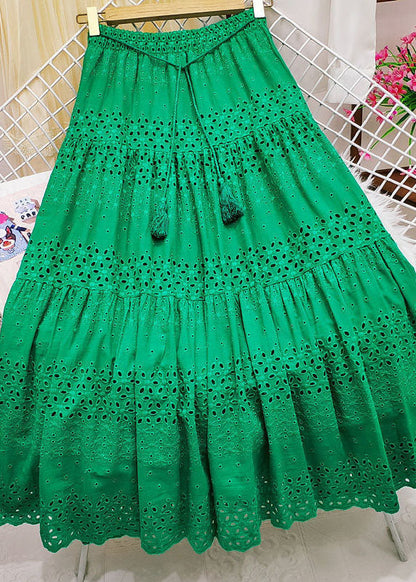 Green Embroideried Tasseled Hollow Out Cotton Skirt Summer