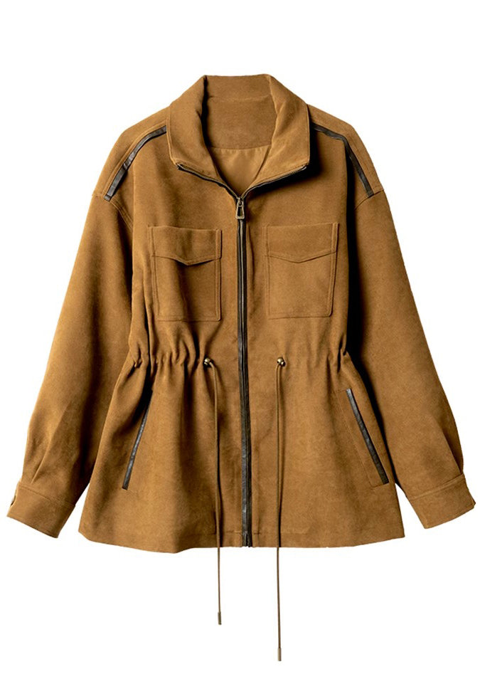 Natural Khaki Drawstring Zippered Coats Spring