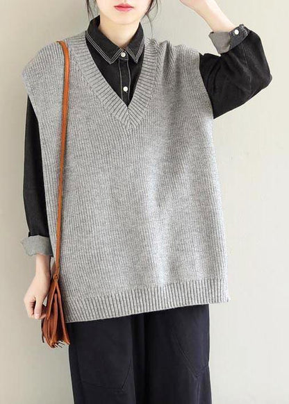 Light Gray Knitwear Clothing V Neck Sleeveless Knit Blouse