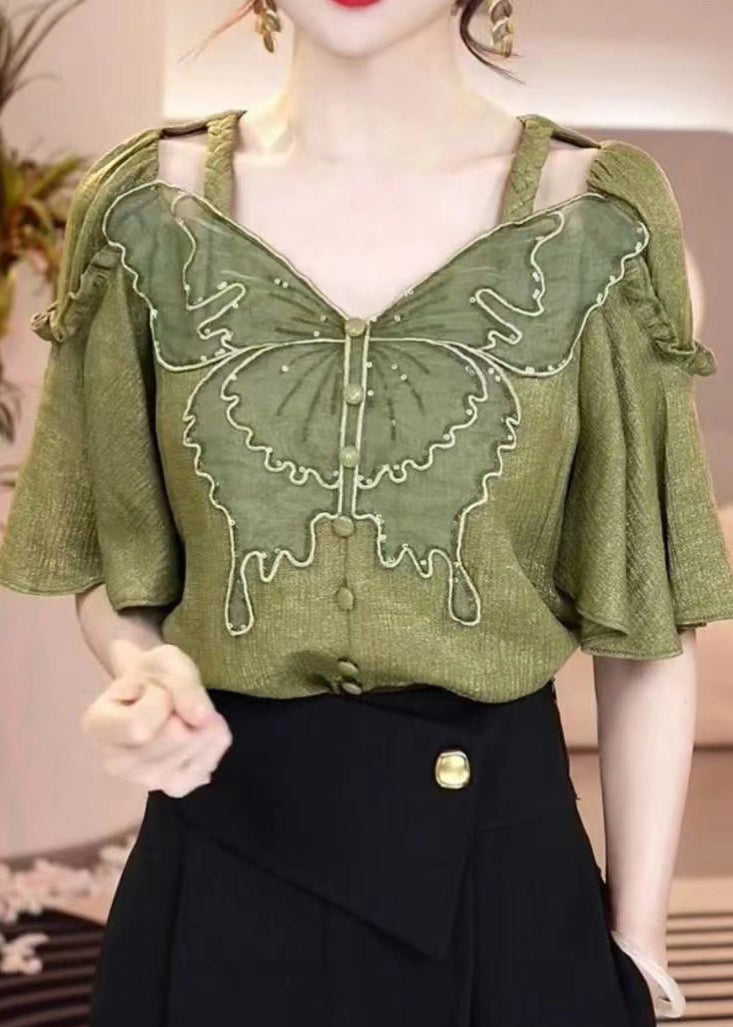 Green V Neck Ruffled Patchwork Hollow Out Shirt Summer