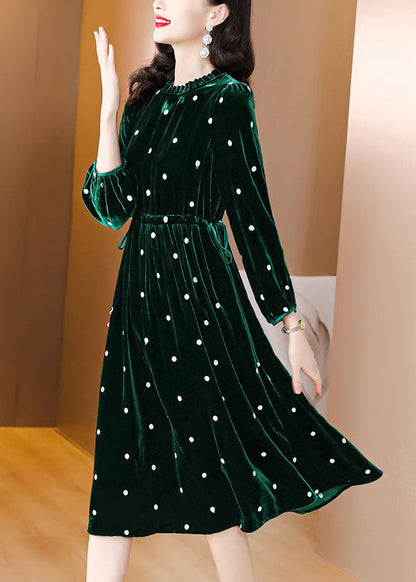 Green Ruffled Wrinkled Drawstring Patchwork Velour Dress Fall