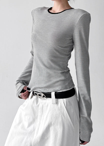 Stylish White O Neck Striped Hollow Out Cotton T Shirt Tops Fall