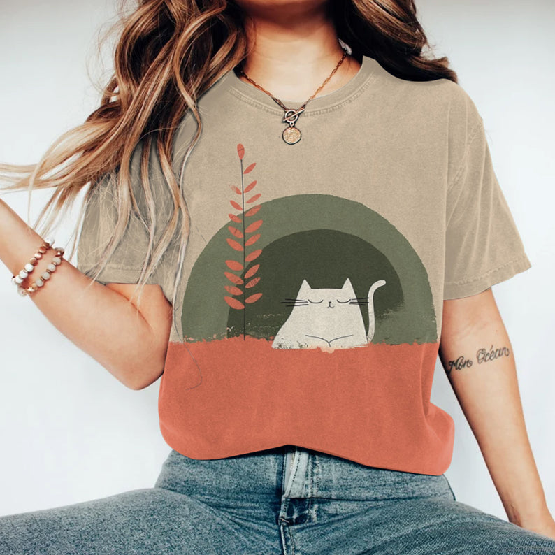 Abstract Creative Cute Cat Pattern Drawing Print Art T-Shirt elevenforest