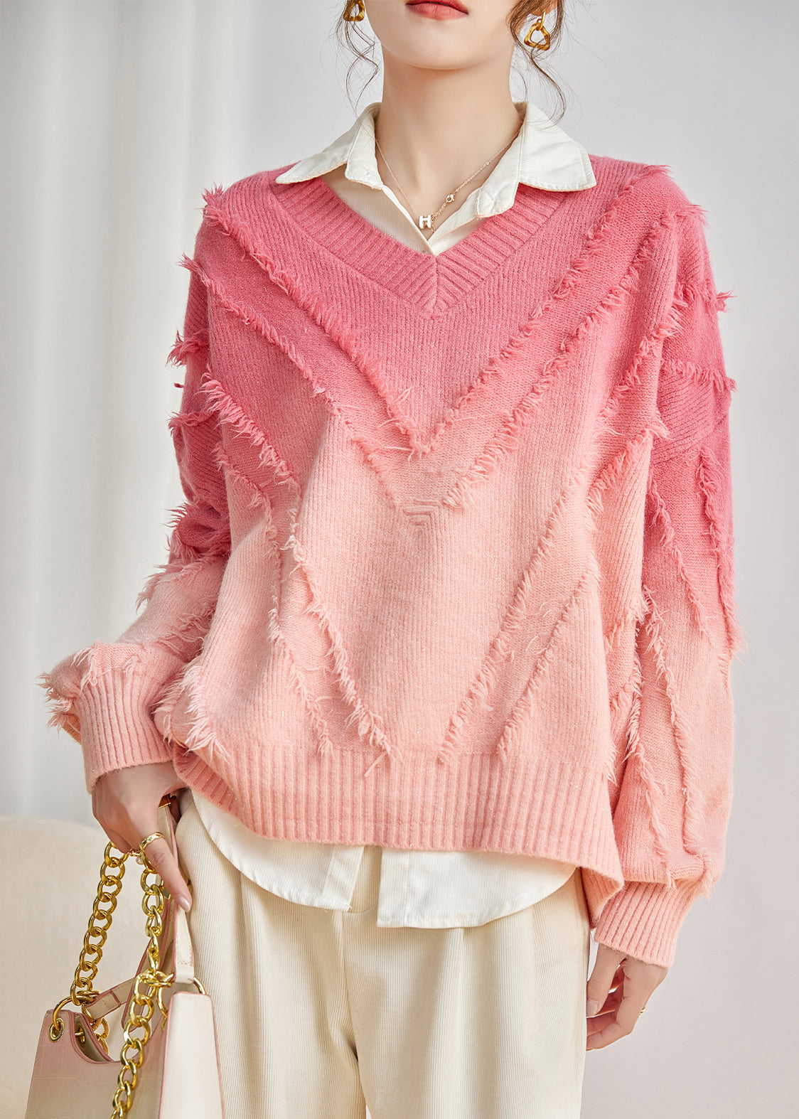 Pink V Neck Gradient Tasseled Knit Sweater Top Spring