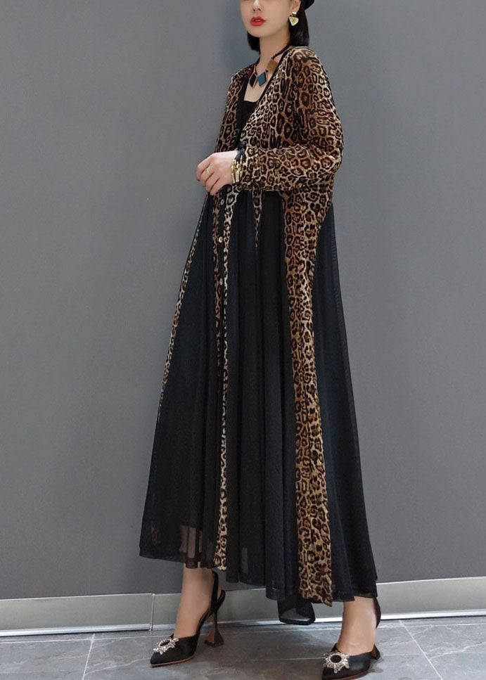 Black Button V Neck Patchwork Leopard Chiffon Maxi Dress Spring