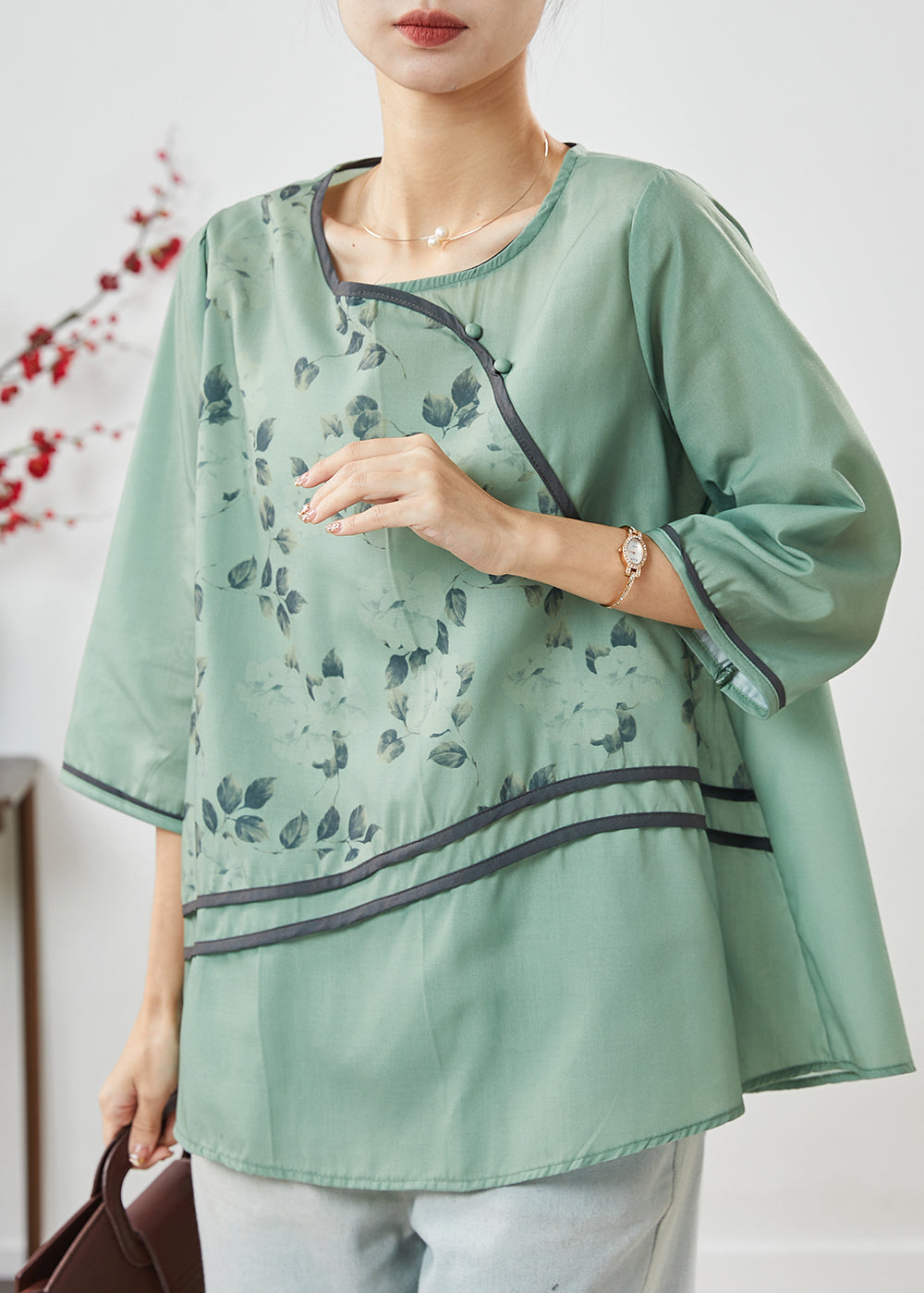 Green O-neck Print Linen Shirt Top Half Sleeve