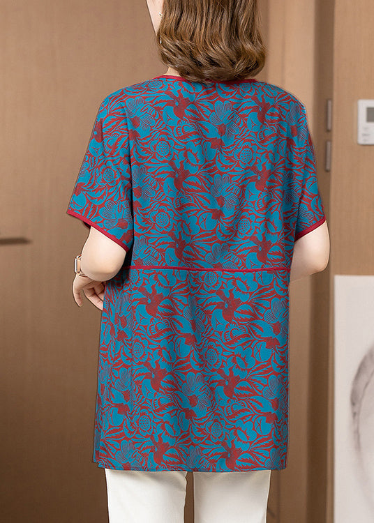 Blue O-neck Jacquard Silk Tank Tops Short Sleeve
