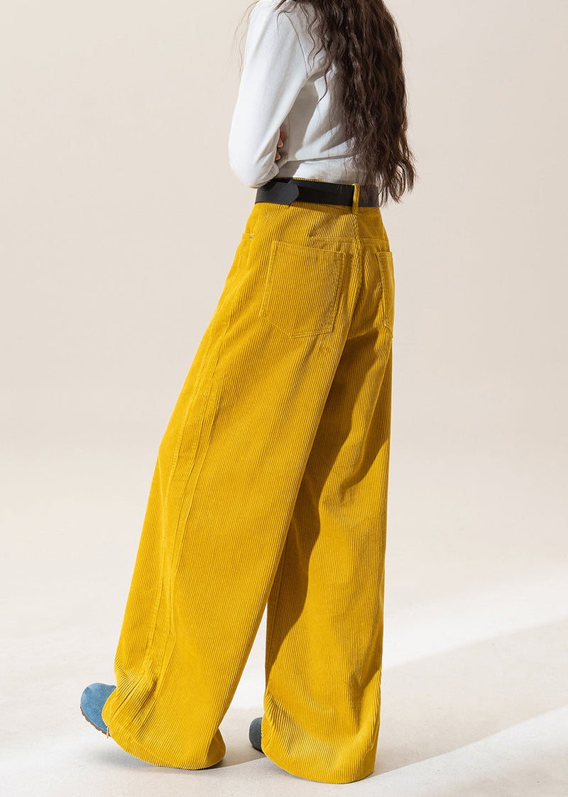 Yellow High Waist Pockets Corduroy Straight Pants Winter