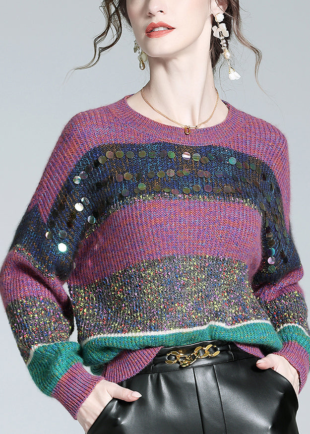 Purple Striped Sequins Cashmere Knit Sweater Winter
