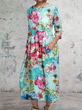 Women's  Floral Art Pattern Round Neck Cotton and Linen Dress with Pockets