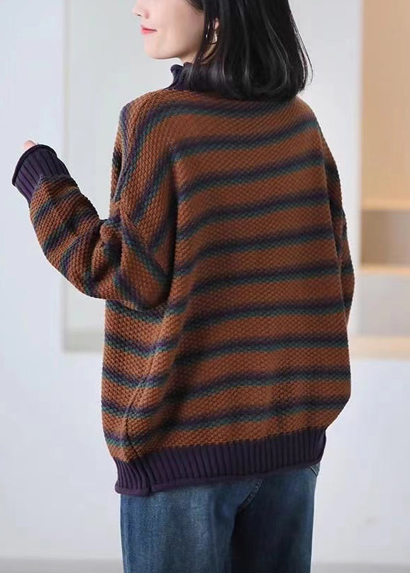 Brown Oversized Striped Knitted Tops Spring