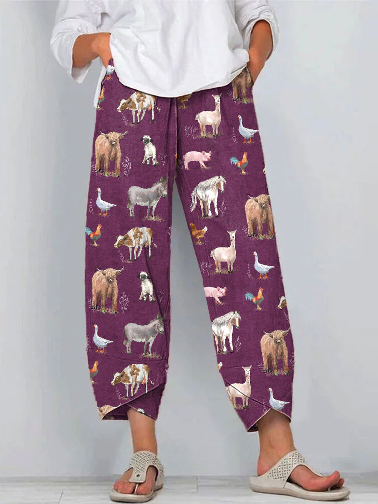 Farm Animals Print Linen Blend Casual Pants artswardrobe