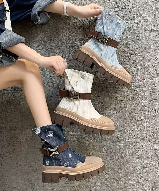 British Style Light Blue Platform Thin Denim Martin Boots for