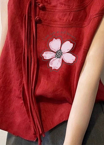 Red Tassel Oriental Button Cotton Top Sleeveless