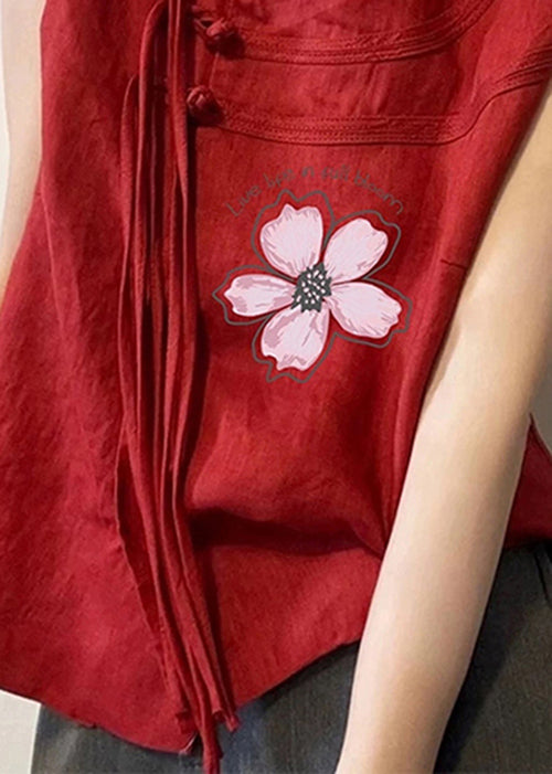 Red Tassel Oriental Button Cotton Top Sleeveless