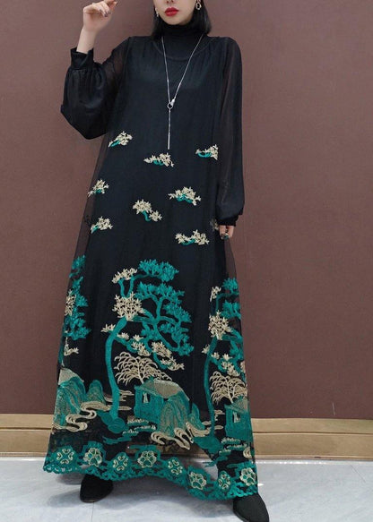 Modern Black Embroidery Dresses Stand Collar Patchwork Tulle Vestidos De Lino Spring Dress