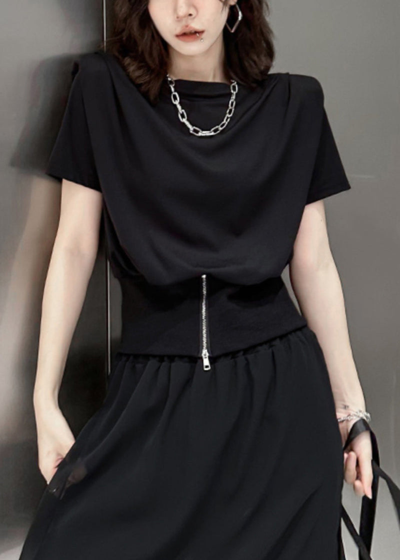 Black O-neck Zip Up Patchwork Cotton T Shirt Top Summer