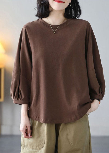 Italian Coffee O-neck Oversized Cotton Blouse Top Bracelet Sleeve