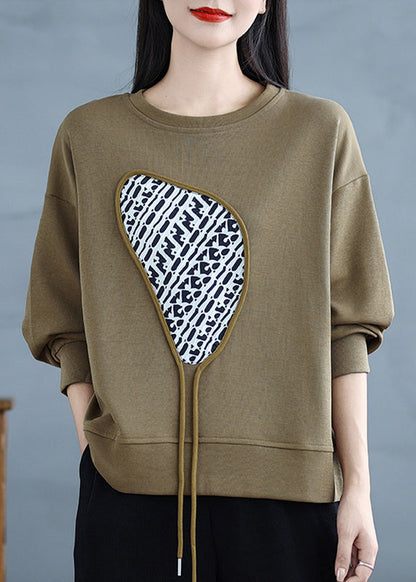 Khaki Print Cotton Pullover Tasseled Spring