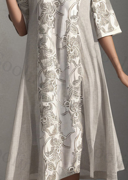 Apricot O Neck Print Patchwork Silk Dress Summer