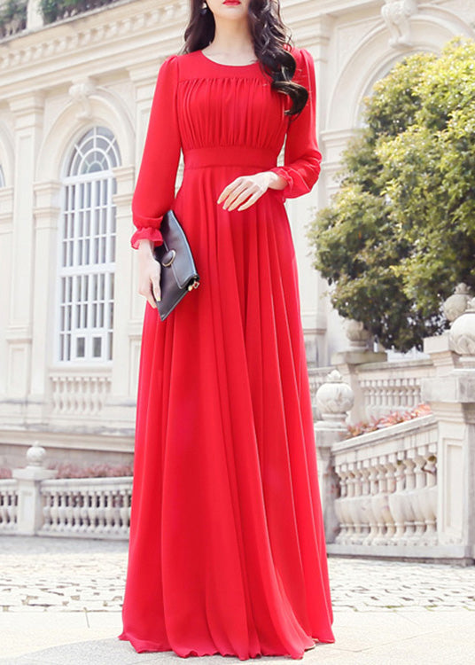 Unique Red O-neck Slim Chiffon Maxi Dress Spring
