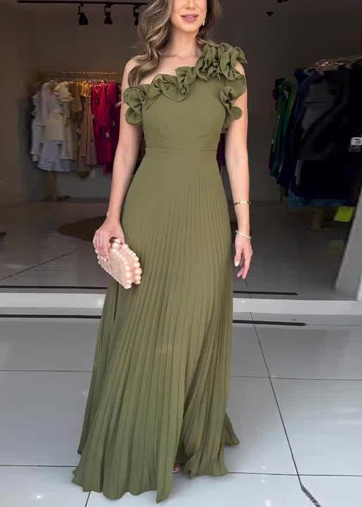 Army Green One Shoulder Pleated Dress Summer