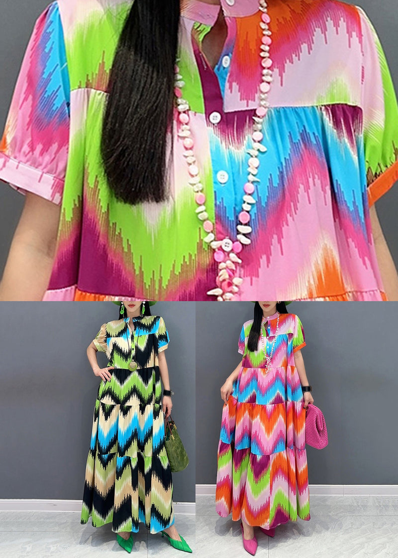 Modern Red Stand Collar Print Long Dress Summer