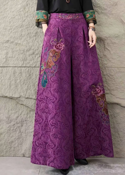 Purple Embroidered Pockets Cotton Pants Trousers Fall