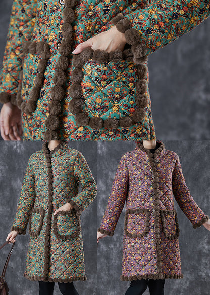 Art Green Oversized Print Warm Fleece Coat Winter
