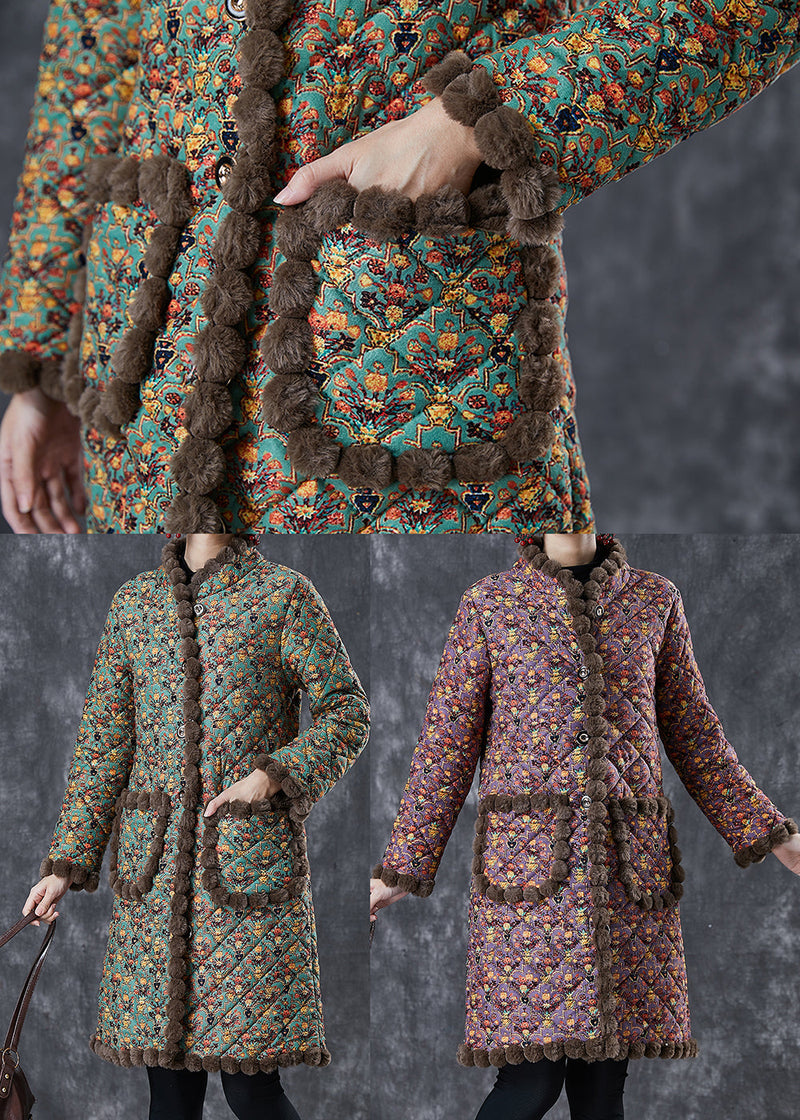 Purple Print Warm Fleece Coat Oversized Stand Collar Winter
