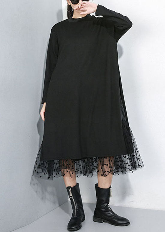 Black Asymmetrical Tulle Patchwork Cotton Maxi Dresses Spring