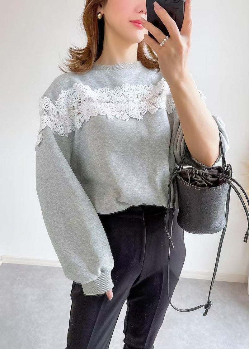 Grey O Neck Lace Patchwork Cotton Sweatshirts Fall