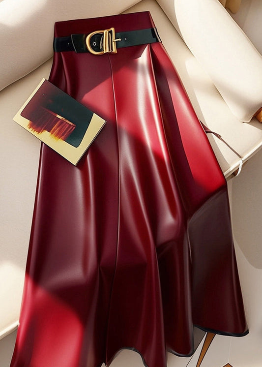 Stylish Red Sashes High Waist Faux Leather Skirts Spring