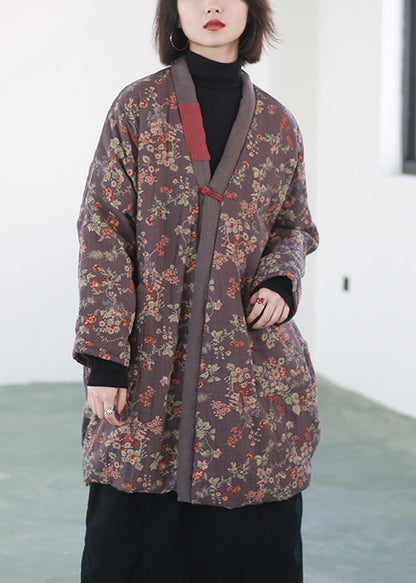 Purple Print Chinese Button Fine Cotton Filled Coats Winter