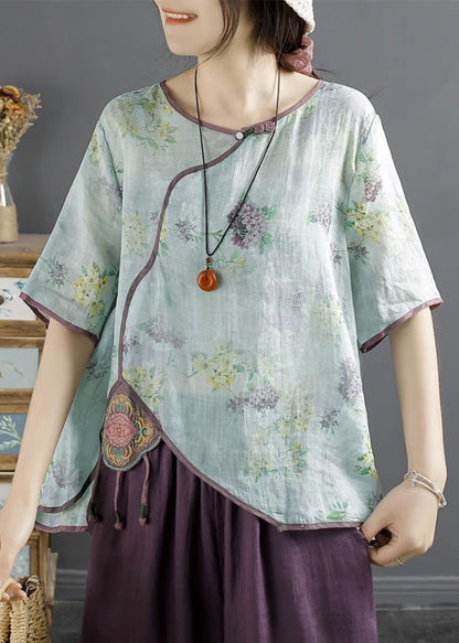 Natural Blue Embroideried Patchwork Print Linen Shirt Summer