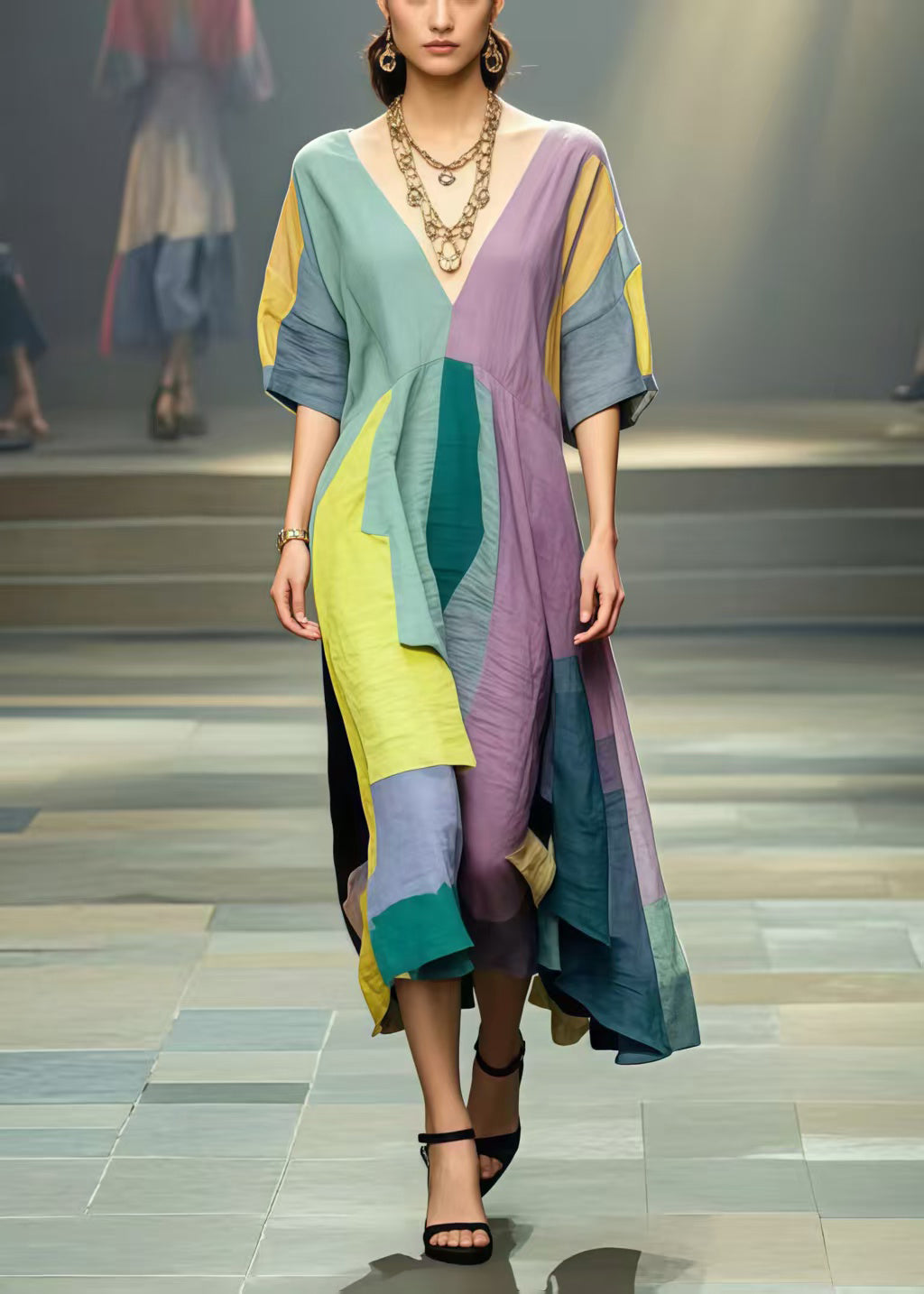 Colorblock Patchwork Cotton Long Dresses Asymmetrical Summer