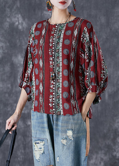 Dull Red Print Cotton Blouse Top Bracelet Sleeve