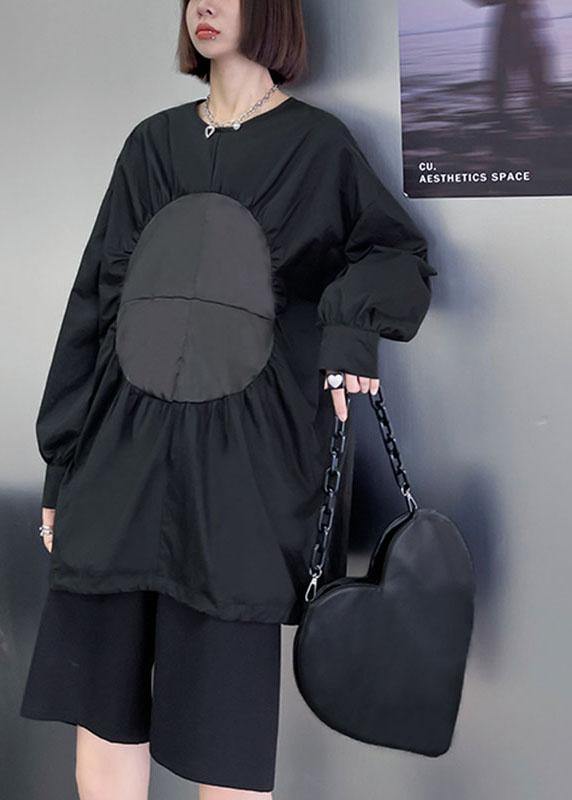 Boutique Black O-neck Patchwork Button Fall Long Sleeve Blouse Top