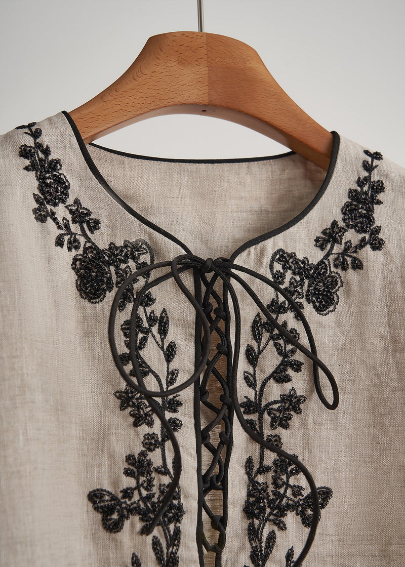 Beige Embroidered Linen Sets 2 Pieces Fall